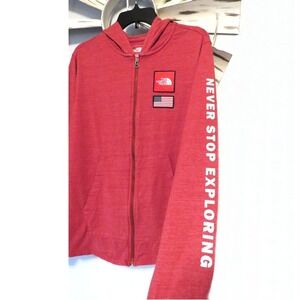 The North Face Men's Medium Zip Hoodie Red Heather Never Stop Exploring USA Flag